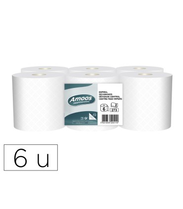 Papel secamanos amoos industrial 2 capas 32g m2 blanco 90 mt paquete de 6 rollos