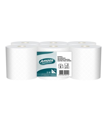 Papel secamanos amoos industrial 2 capas 32g m2 blanco 90 mt paquete de 6 rollos