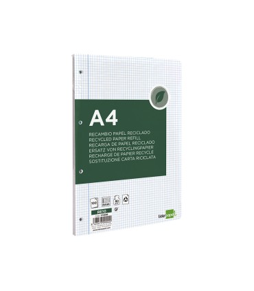 Recambio liderpapel a4 100 hojas papel reciclado 100 80g m2 cuadro 4mm con margen 4 taladros