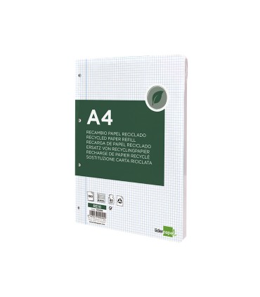 Recambio liderpapel a4 100 hojas papel reciclado 100 80g m2 cuadro 4mm con margen 4 taladros