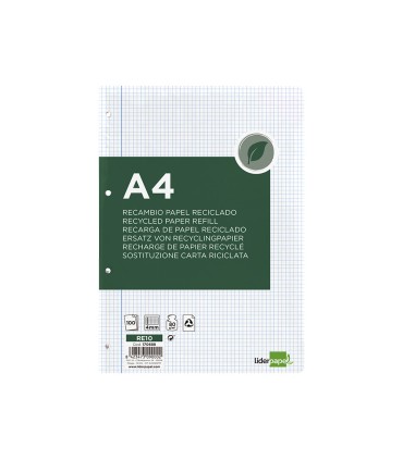 Recambio liderpapel a4 100 hojas papel reciclado 100 80g m2 cuadro 4mm con margen 4 taladros