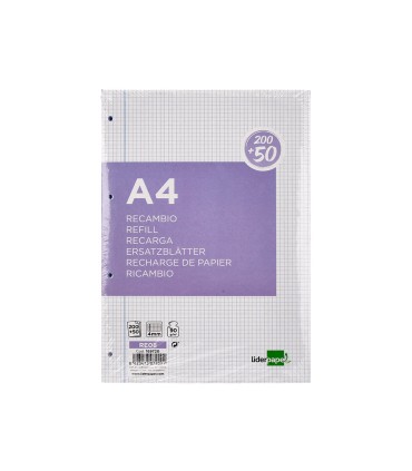 Recambio liderpapel a4 20050 hojas 90g m2 cuadro 4 mm con margen 4 taladros