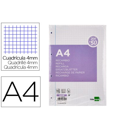 Recambio liderpapel a4 20050 hojas 90g m2 cuadro 4 mm con margen 4 taladros