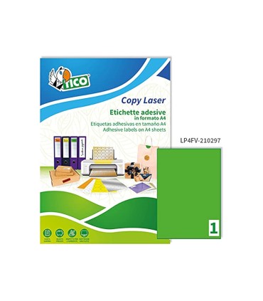 Etiqueta adhesiva tico verde fluor permanente fsc laser inkjet fotocopia 210x297 mm caja de 70 unidades