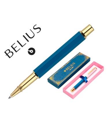 Boligrafo belius macaron bliss forma hexagonal color rosa azul y dorado tinta azul caja de diseno