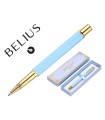 Boligrafo belius macaron bliss forma hexagonal color celeste y dorado tinta azul caja de diseño