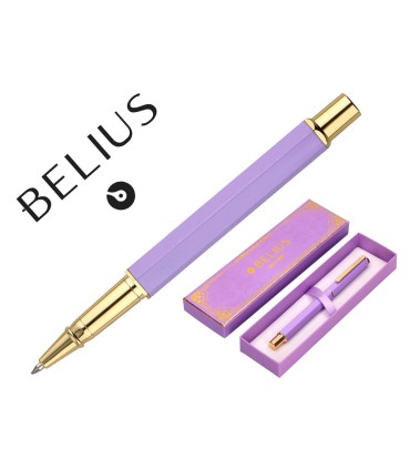 Boligrafo belius macaron bliss forma hexagonal color morado y dorado tinta azul caja de diseno