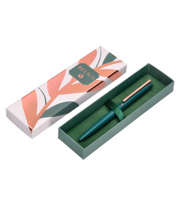 Boligrafo belius rose aluminio color verde oliva oro rosa tinta azul caja de diseno