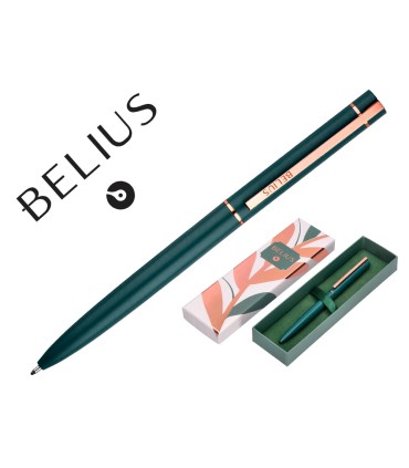 Boligrafo belius rose aluminio color verde oliva oro rosa tinta azul caja de diseno