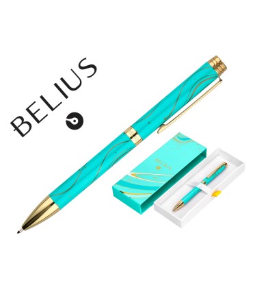 Boligrafo belius aqua aluminio color turquesa y dorado tinta azul caja de diseno