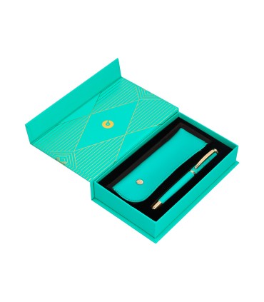 Pluma y estuche belius soiree color art deco turquesa dorado tinta azul caja de diseno