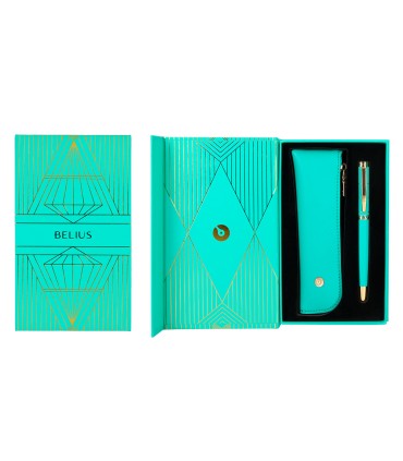 Pluma y estuche belius soiree color art deco turquesa dorado tinta azul caja de diseno