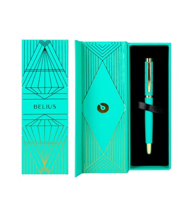 Boligrafo belius soiree aluminio color art deco turquesa y dorado tinta azul caja de diseno