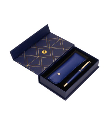 Boligrafo y estuche belius soiree color azul marino y dorado tinta azul caja de diseno