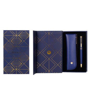 Boligrafo y estuche belius soiree color azul marino y dorado tinta azul caja de diseno