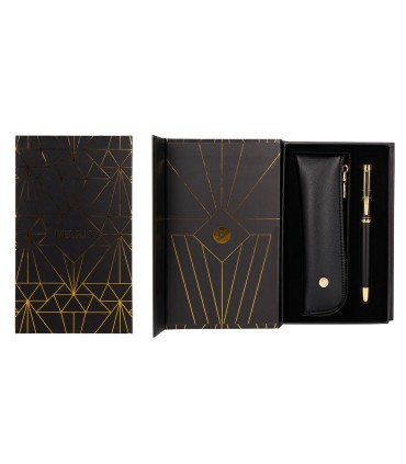 Pluma y estuche belius soiree color art deco negro y dorado tinta azul caja de diseno