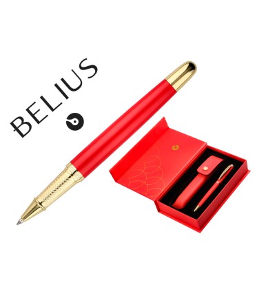 Boligrafo y estuche belius passion dor aluminio textura cepillada color rojo y dorado tinta azul caja de diseno