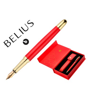 Pluma y estuche cuero belius passion dor aluminio textura cepillada color rojo y dorado tinta azul caja de diseno