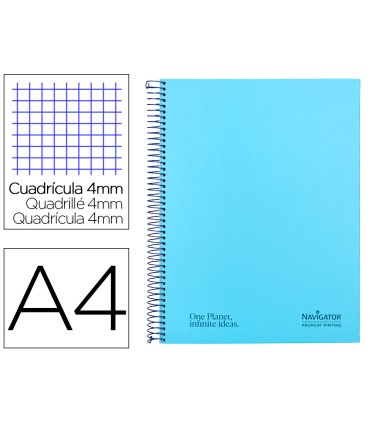 Cuaderno espiral navigator a4 tapa dura 80h 80gr cuadro 4mm con margen azul claro