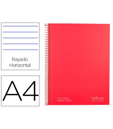 Cuaderno espiral navigator a4 micro tapa forrada 120h 80gr horizontal 5 bandas 4 taladros color rojo