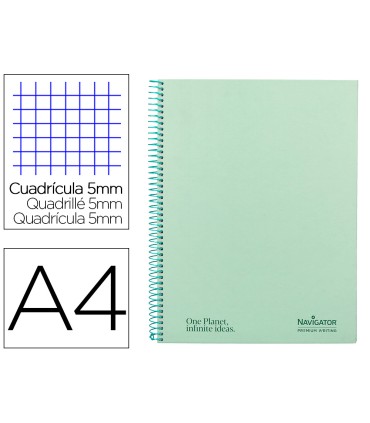 Cuaderno espiral navigator a4 micro tapa forrada 120h 80gr cuadro 5mm 5 bandas 4 taladros color menta