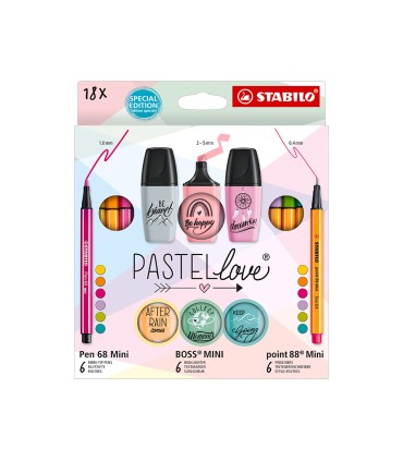 Set stabilo pastel love mini world pen 68 point 88 boss 18 unidades surtidas