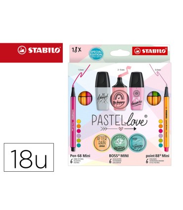 Set stabilo pastel love mini world pen 68 point 88 boss 18 unidades surtidas