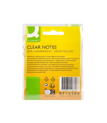 Bloc de notas adhesivas quita y pon q connect 76x76 mm removible plastico translucido amarillo neon con 50 hojas