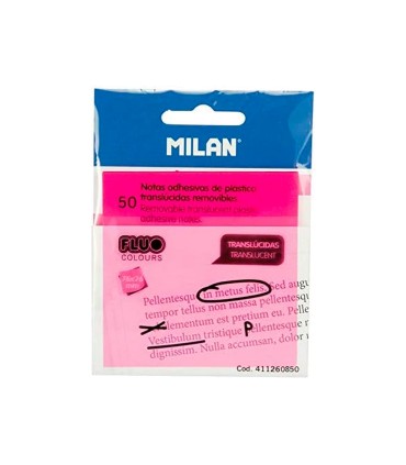 Bloc de notas adhesivas quita y pon milan 76x76 mm removible plastico translucido rosa fluor 50 hojas