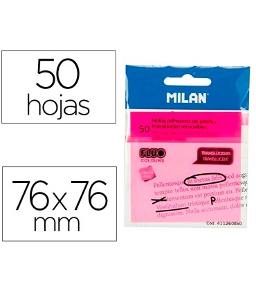 Bloc de notas adhesivas quita y pon milan 76x76 mm removible plastico translucido rosa fluor 50 hojas