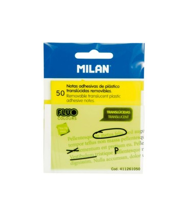 Bloc de notas adhesivas quita y pon milan 76x76 mm removible plastico translucido amarillo fluor 50 hojas