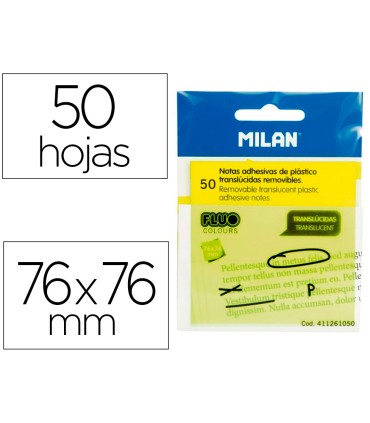 Bloc de notas adhesivas quita y pon milan 76x76 mm removible plastico translucido amarillo fluor 50 hojas