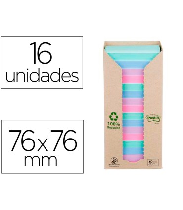 Bloc de notas adhesivas quita y pon post it 76x76 mm 100 reciclado pefc en torre pack de 16 unidades colores