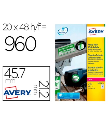 Etiqueta adhesiva resistente avery poliester blanco laser 457x212 mm caja de 960 unidades