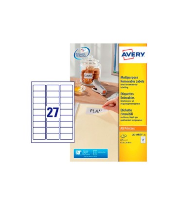 Etiqueta adhesiva avery blanca removible laser ink jet fotocopiadora 635x296 mm caja de 675 unidades