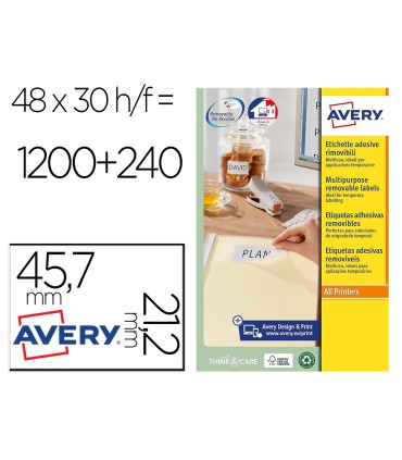 Etiqueta adhesiva avery blanca removible para laser ink jet fotocopiadora 457x 212 mm caja de 1200 unidades