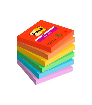 Bloc de notas adhesivas quita y pon post it super sticky playful 76x76 mm 90 hojas 100 pefc pack de 6 unidades