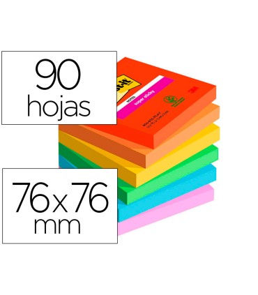 Bloc de notas adhesivas quita y pon post it super sticky playful 76x76 mm 90 hojas 100 pefc pack de 6 unidades