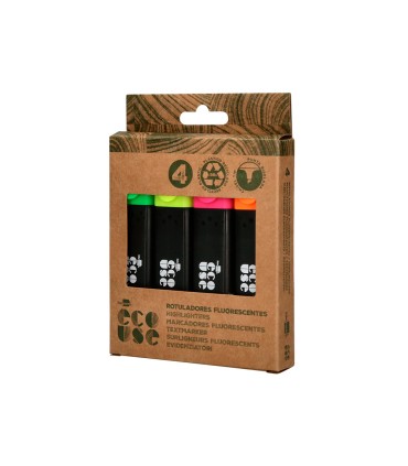 Rotulador liderpapel ecouse fluorescente fabricado con 68 plastico reciclado caja de 4 unidades colores surtidos