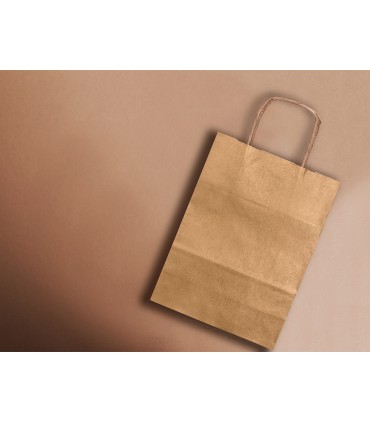 Bolsa papel q connect kraft natural liso xs con asa retorcida 180x240x80 mm