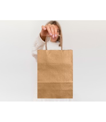 Bolsa papel q connect kraft natural liso xs con asa retorcida 180x240x80 mm