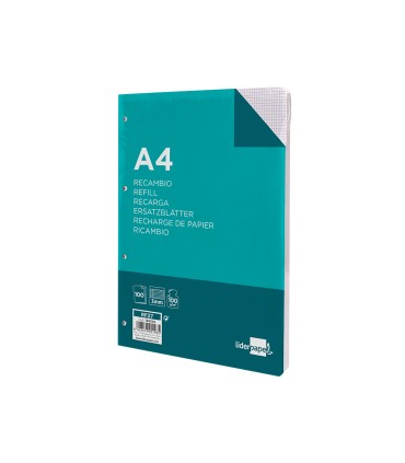 Recambio liderpapel a4 100 hojas 100g m2 cuadro 3mm con margen 4 taladros