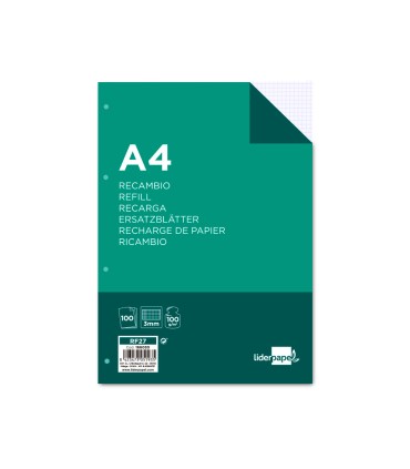 Recambio liderpapel a4 100 hojas 100g m2 cuadro 3mm con margen 4 taladros