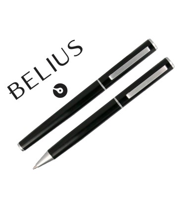 Juego boligrafo y roller belius norwich cuerpo negro mate y detalles cromados satinados en caja regalo