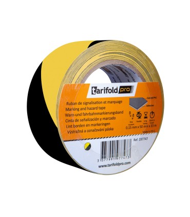 Cinta adhesiva tarifold seguridad para marcaje y senalizacion de suelo 33 mt x 50 mm color negro amarillo