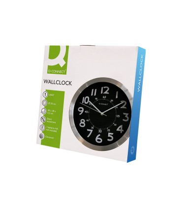 Reloj q connect de pared metalico redondo 25 cm movimiento silencioso color negro con esfera cromado