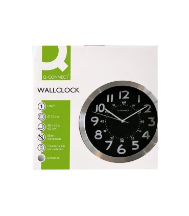 Reloj q connect de pared metalico redondo 25 cm movimiento silencioso color negro con esfera cromado