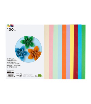 Cartulina liderpapel a4 180g m2 25 colores surtidos paquete de 100 hojas