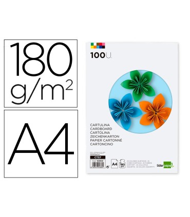 Cartulina liderpapel a4 180g m2 25 colores surtidos paquete de 100 hojas