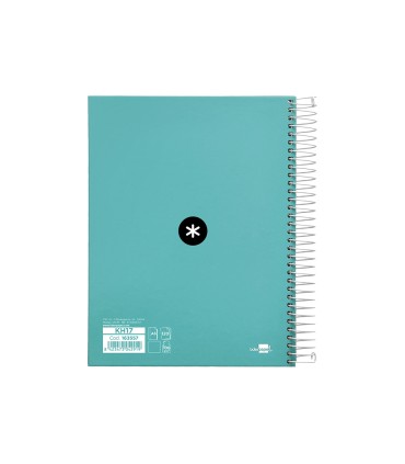 Cuaderno espiral liderpapel a5 micro antartik tapa forrada120h 90 gr liso 5 bandas 6 taladros color menta